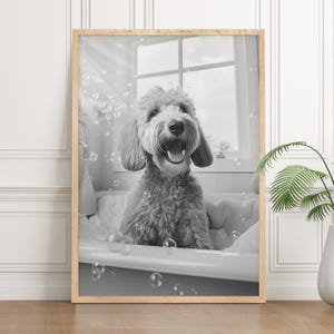 Goldendoodle Dog Bathroom Wall Art, Funny Home Decor Print, Doodle on the Bath, Quirky Art Dog Toilet Poster, Pet Portrait Dog Bathtub WC