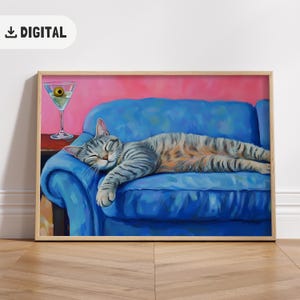 面白いトラ猫とマティーニのプリント、風変わりで気まぐれな猫のカクテルバーカートアート、かわいいトラ猫の壁アート、彼女へのトレンディな室内装飾ギフト