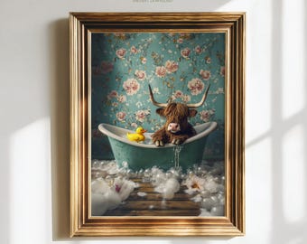 Funny Highland Cow Bathroom print, Printable Farm Animal Toilet wall art, Farmhouse Decor WC