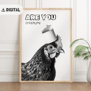 Funny Chicken Bathroom Poster, Farmhouse Hen with Toilet Paper on Head Print, Cottagecore Wall Art, Farm Animal Printable Home Decor, WC art