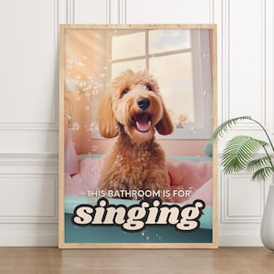 UNFRAMED Goldendoodle Bathroom Wall Art, Trendy Home Decor Funny Doodle in the Bath Print, Quirky Toilet Poster, Pet Portrait Dog Bathtub WC