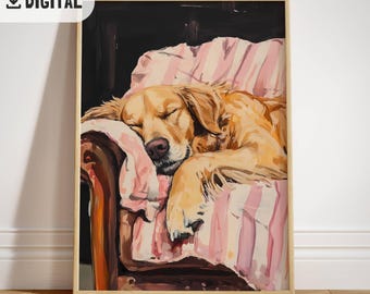 Sleeping Golden Retriever Painting, Contemporary Art Print, Trendy Golden Dog Lover Decoration, Cozy Home Decor Aesthetic Printable wall art
