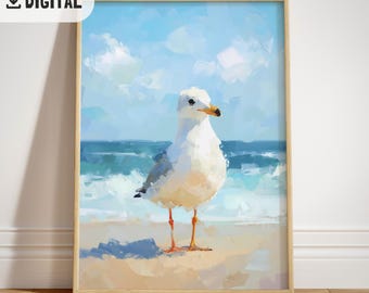 Seagull Colorful Summer painting, Coastal Beach House Wall Decor, Printable Ocean Bird Art Print