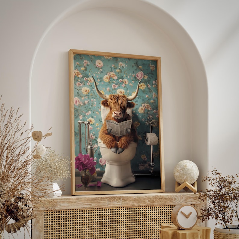 Funny Highland Cow Bathroom Print, Highland Cow Toilet Wall Art ...