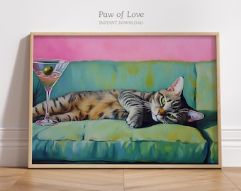Funny Tabby Cat Martini Couch Print, Cocktail Bar Cart Art, Whimsical Home Wall Decor