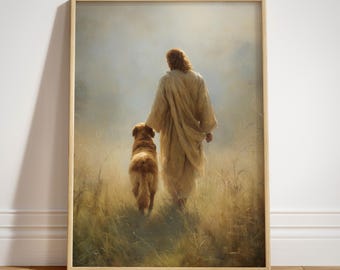 May include: An unframed poster titled "Paw of Love" depicts a person in a flowing robe walking with a golden retriever in a field of tall grass. The artwork has a soft, painterly style with warm, earthy tones.