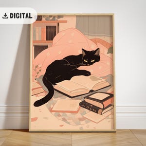 Süße Katze Lese Poster Katze Liebhaber Geschenk Rosa Mädchen Schlafzimmer Dekor Leserin Wand Kunst Bücherwurm Druck Catful Aesthetic homedecor Bücherwurm