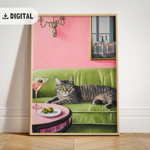 トレンディなタビー猫のソファアート、面白いカラフルな猫のマティーニプリント、風変わりな気まぐれなポスター、カクテルバーカートアート、猫の壁アート、モダンな室内装飾