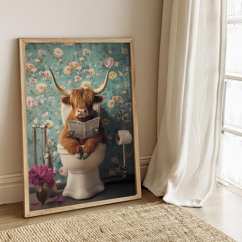 Funny Highland Cow Bathroom Print, Highland Cow Toilet Wall Art ...