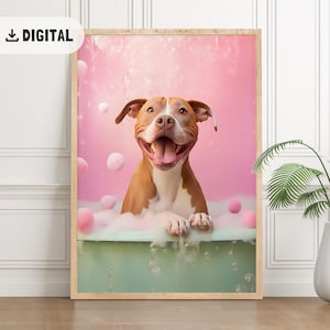 Trendy Pit Bull Terrier Bathroom Wall Art Funny Home Decor Print American Pitbull in Bubble Bath Dogful Bathtub Quirky Toilet Poster WC pink