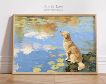 Golden Retriever Print, Country Dog Lake Cottage Decor, Dog Lover Nature Fall Wall Art