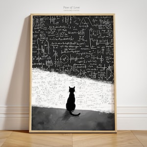May include: A rectangular unframed poster titled Paw of Love featuring a black silhouette of a cat sitting and facing a background filled with complex white and black mathematical equations and scientific formulas written in a chalk-like style.