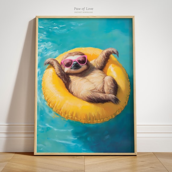 Artery8 Poster Su Tela Di Cotone Premium Con Bradipo Sorridente E Occhiali Da Sole - Quadro Murales 30x41 Cm