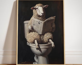 UNFRAMED Vintage Sheep Bathroom Print, Funny Farmhouse Decor, Toilet Humor Poster, Whimsical Cottagecore Art