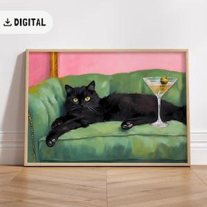 ヴィンテージ ブラック キャット カウチ アート プリント マティーニを持つ面白い猫 風変わりな気まぐれなポスター カクテル バー カート アート 折衷的なウォール アート トレンディなホーム デコレーション