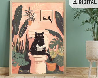 Bathroom cat print Funny black cat on toilet reading newspaper Restroom wall art Cat pooping poster Vintage cat bathroom decoration WC decor