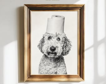 May include: Black and white framed print featuring a fluffy dog with a toilet paper roll on its head. The print is in a gold frame and has the text "Paw of Love" at the top.