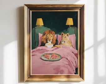 UNFRAMED Funny Lion & Lioness Art Print, Romantic Animal Couple Bedroom Wall Decor, Dopamine poster
