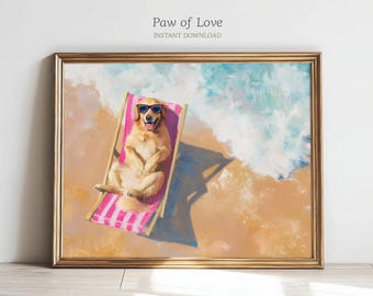 Stampa Golden Retriever, dipinto estivo colorato, arte murale costiera con cane dorato, arredamento per case sulla spiaggia