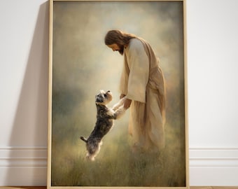 May include: A vertical unframed poster titled Paw of Love featuring a painting of a figure with long brown hair wearing a beige robe standing in a grassy field, reaching down to touch the paws of a small grey and white terrier dog standing up.