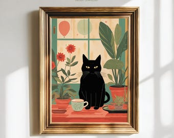 May include: A framed art print featuring a black cat sitting on a red surface, surrounded by potted plants and a teacup. The background shows a window with balloons. The frame is gold, and the text "Paw of Love" is at the top.