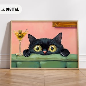 Quirky Black Cat Couch Art Print Funny Cat with Martini Vintage Whimsical Poster Cocktail Bar Cart Art Eclectic Wall Art Trendy Home Decor