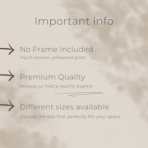 May include: A beige background with the text "Important info." The text includes "No Frame Included," "Premium Quality," and "Different sizes available." The image is designed to inform customers about the product's features.