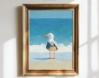 Lámina de gaviota veraniega, divertida decoración de pared costera con gaviotas, decoración de playa con aves marinas.