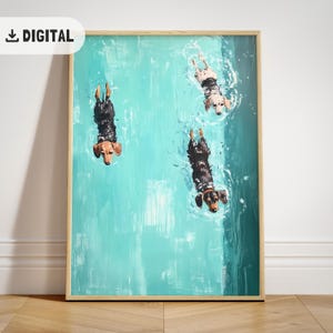 Swimming Dogs Art Print, Summer Beach painting, Coastal Printable Dog in Pool Wall Decor
