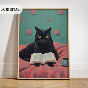 Schwarze Katze Lesezeichen Poster Katzenliebhaber Geschenk Schlafzimmer Dekor Vintage Leser Wandkunst Bücherwurm Druck Catful Aesthetic homedecor Bücherwurm Malerei
