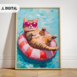 Bunte Katze Druck Sommer Ölgemälde Lustig Strand Pool Druck Küsten druckbare Wandkunst Preppy Beachy Room Decor Maximalist Dopamin Poster