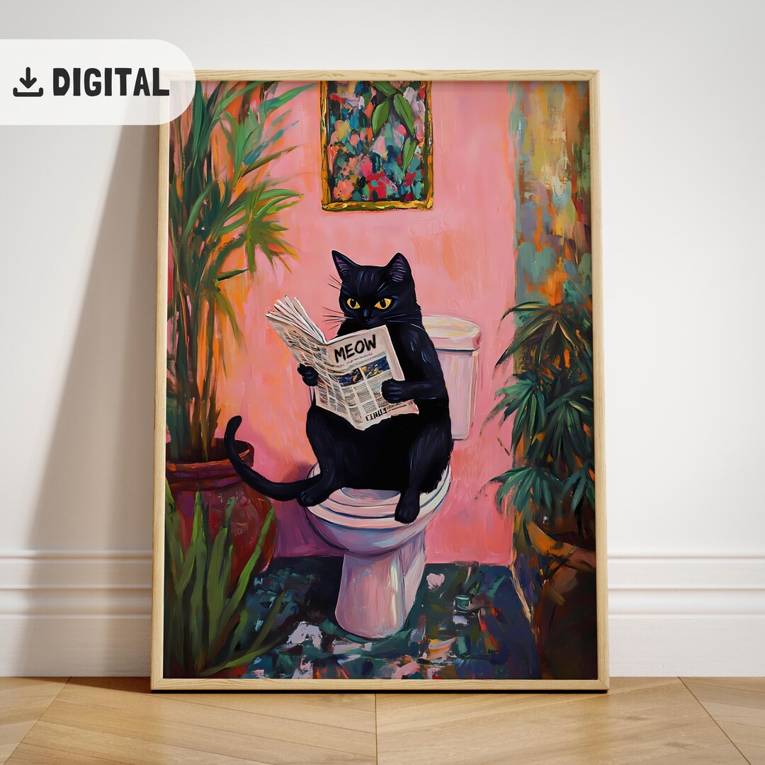 Funny Black Cat Bathroom Print, Quirky Cat on Toilet Wall Art, Pink ...