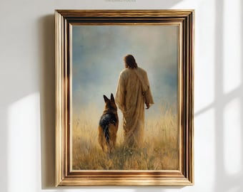 May include: Framed art print featuring a figure in a flowing robe walking with a German Shepherd dog in a field of tall grass. The artwork has a warm color palette and is set against a soft blue sky. The text "Paw of Love, Unframed Poster" is at the top.