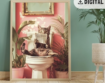 Trendy Bathroom Art Print Reading Cat on Toilet Guest Bathroom Pink Wall Decor Funny Cat Bathroom Decoration Toilet Humor Poster WC wall art