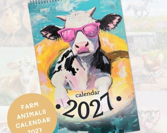 Calendário de parede mensal com animais da fazenda para 2027, decoração divertida para casa de campo, artigos de papelaria estilo cottagecore.