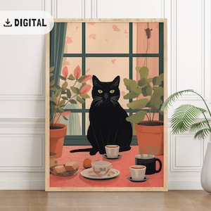 黒猫のコーヒープリント、かわいい猫のウォールアート、レトロヴィンテージの美的キッチン装飾、風変わりな猫のホームデコレーション朝食ウォールアート猫好き