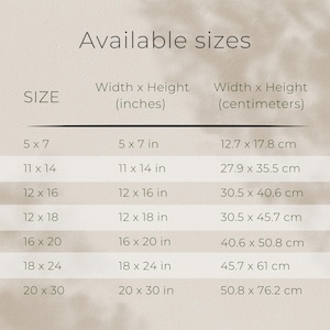 May include: A beige chart titled "Available sizes" with size options in inches and centimetres. Sizes range from 5 x 7 inches (12.7 x 17.8 cm) to 20 x 30 inches (50.8 x 76.2 cm).