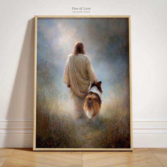 UNFRAMED Jesus Shetland Sheepdog Art Print, Printed Cottagecore Decor, Christian Sheltie Dog Memorial Poster