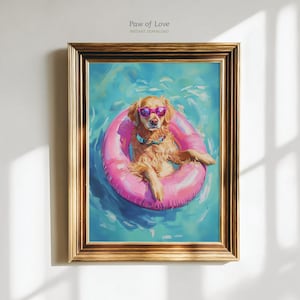 Lámina de Golden Retriever, pintura veraniega colorida, arte mural costero con perro Golden, decoración para casa de playa