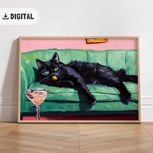 黒猫マティーニアートプリント トレンディなカクテルバーカートアート装飾 ヴィンテージ絵画 黒猫プリント レトロ 折衷的なウォールアート 面白い猫のホームデコレーション