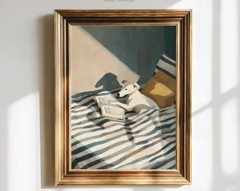 Impresión divertida de perro leyendo un libro, decoración de dormitorio para perros, arte de pared vintage de lector, póster caprichoso