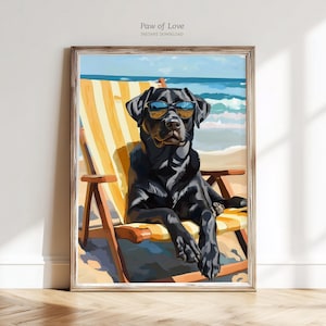 Stampa estiva di Labrador nero, divertente arte murale costiera con cane Labrador, decorazione per casa sulla spiaggia