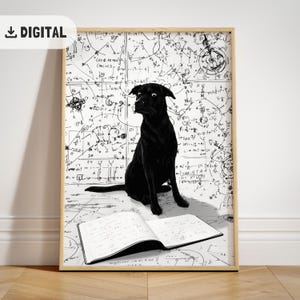 May include: A digital print featuring a black dog sitting in front of an open notebook and a background of scientific equations. The dog is the focal point, with a surprised expression. The print is framed in a light wood color.