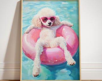 Estampado de caniche blanco, pintura veraniega colorida, arte mural costero imprimible de perro caniche, decoración de playa