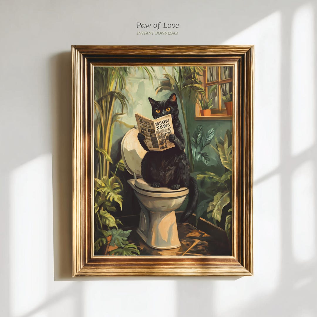 Black Cat Bathroom Print, Funny Cat Toilet Humor Wall Decor, Restroom ...
