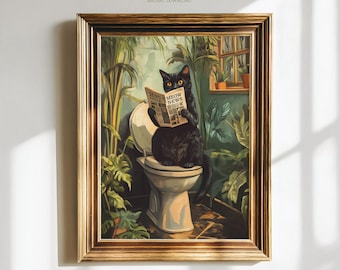 Black Cat Bathroom print, Funny Cat Toilet Humor wall decor, Restroom Decoration WC art