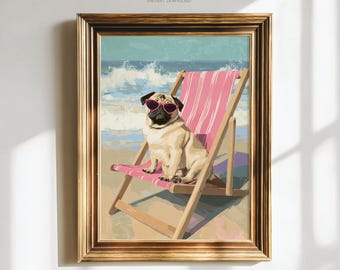Funny Pug Print, Colorful Summer painting, Pug Dog Coastal Wall Art, Beach House Decor