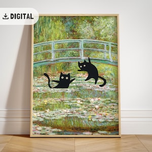 Funny Monet Cat Art, Claude Monet Water Lily Pond Bridge Cat Print, Quirky Cat Poster, Black Cat Wallart for Cat lovers gift, Home decor