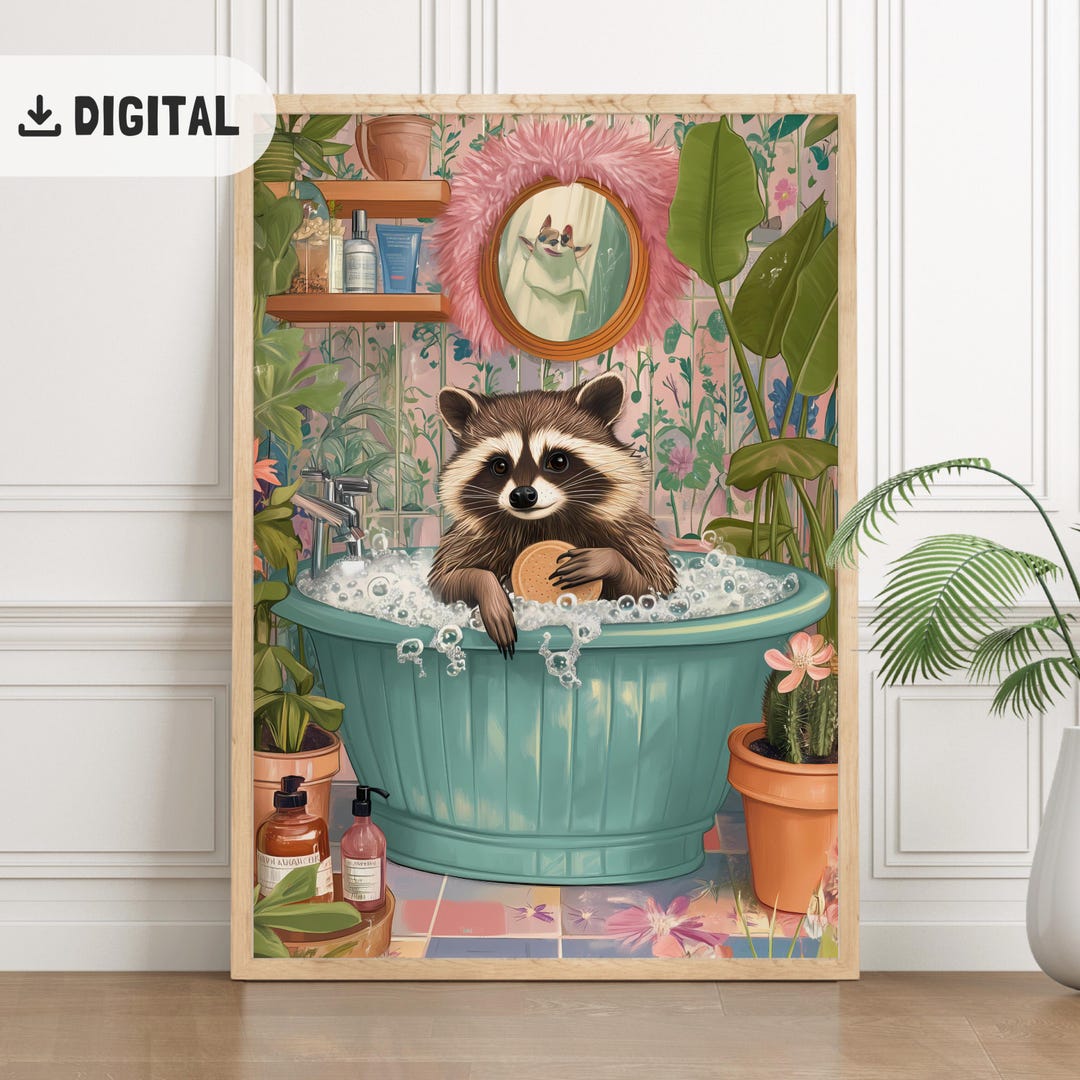 Funny Raccoon Bathroom Wall Art, Printable Racoon Bathtub Print, Toilet ...