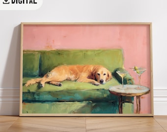 Vintage Golden Retriever Couch Print Funny Golden Dog Martini Quirky Whimsical Poster Cocktail Bar Cart Eclectic Wall Art Trendy Home Decor
